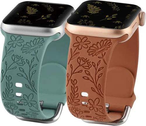 Vista 14 de Paquete de 2 correas deportivas grabadas con flores compatibles con correas de Apple Watch de 1.496 pulgadas, 1.575 pulgadas, 1.614 pulgadas