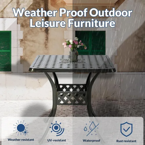 Vista 5 de Mesa de comedor al aire libre de 30.5 pulgadas, cuadrada, para patio, mesa de bistró, de aluminio fundido de bronce, mesa grande rústica con agujero