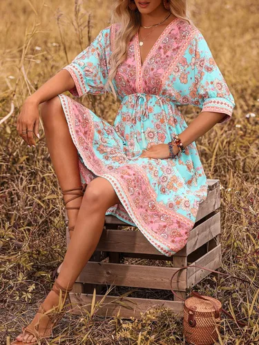 Vista 4 de OYOANGLE Vestido midi acampanado de media manga con cuello en V y estampado floral bohemio para mujer