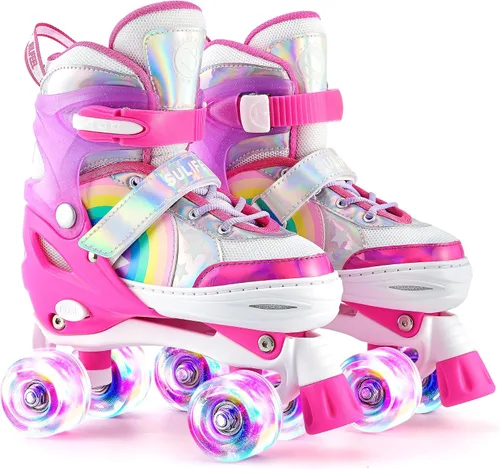 Vista 9 de SULIFEEL Rainbow Unicorn - Patines ajustables de 4 tamaños para niñas y niños de 3-5, 5-8, 6-12 años, patines para interiores y exteriores