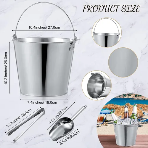 Vista 2 de Mumufy Juego de 12 cubos de cerveza de metal grande de 10 l, 8 cubos de hielo de metal galvanizado con 2 palas de hielo y 2 pinzas, lata plateada
