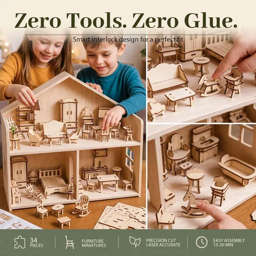 Vista 10 de LOVEINUSA Conjunto de muebles de casa de muñecas de madera, accesorios de habitación en miniatura del rompecabezas 3D, madera natural Miniature