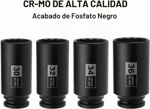 Vista 2 de Mayouko Juego de 4 llaves de impacto de tuerca de eje profundo de 1/2 pulgada, CR-MO, diseño de 12 puntos, métrico, 30,32,34,36mm, enchufe
