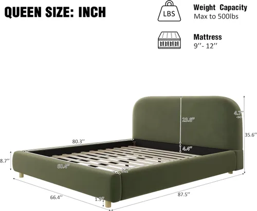 Vista 2 de Christopher Knight Home Hazel Queen Size Platform Bed, Velvet Fabric Headboard and Bed Frame, Upholstered Curve-Shaped Queen Headboard, Wooden Slats