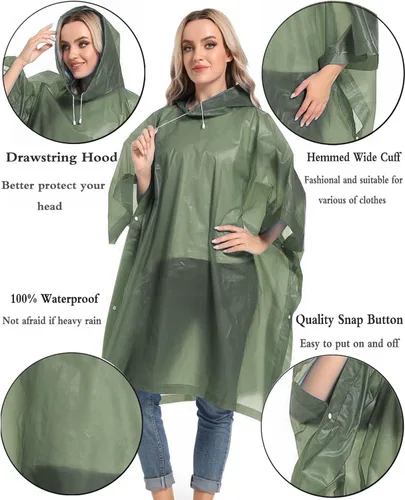 Vista 39 de Ponchos de lluvia reutilizables con capucha con cordón para adultos, abrigo de lluvia grueso impermeable, 2 paquetes