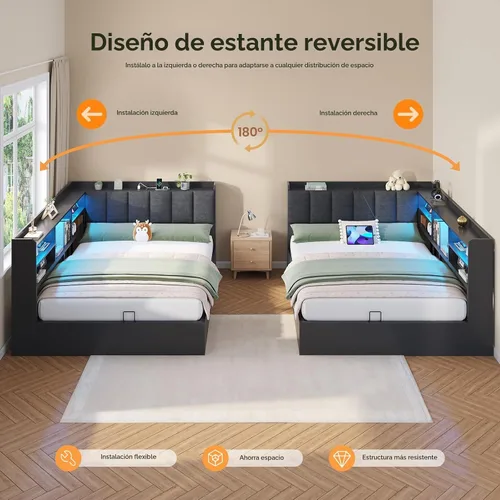 Vista 8 de Marco de cama matrimonial esquinero con 3 cajones, estantería y cabecero de Negro