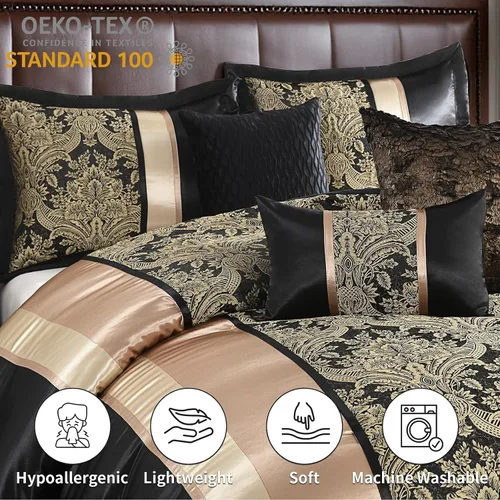 Vista 3 de SahSahCasa Juego de edredón de lujo de 7 piezas, cama en una bolsa, tamaño Queen, juego de ropa de cama jacquard sedoso y esponjoso con falda