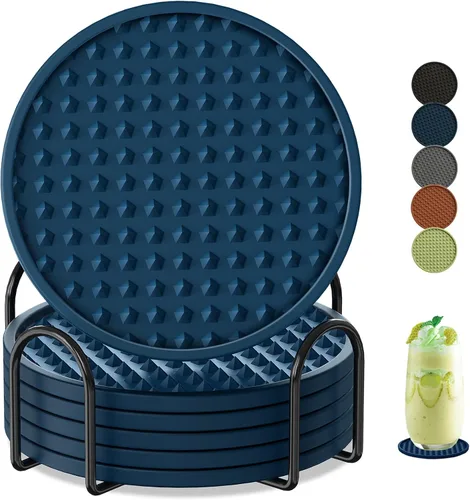 Vista 11 de Paquete de 6 posavasos para bebidas con soporte, tapete de silicona antideslizante, posavasos de goma vivos para bebidas calientes o frías, se