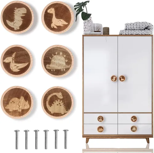 Vista 9 de Paquete de 6 pomos de madera de dibujos animados para armario de 1.57 pulgadas (1.575 in) para niños, pomos de cómoda y cajón para guardería