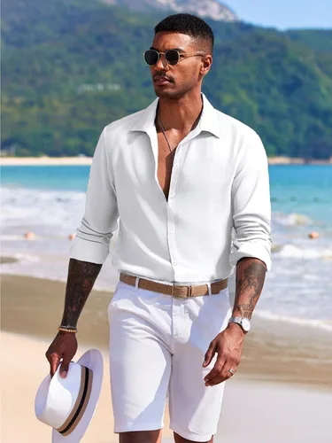 Vista 3 de COOFANDY Camisas casuales de lino de manga larga con botones para hombre