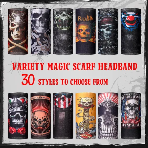 Vista 3 de Tarpop 30 máscaras faciales de Halloween para el trabajo, calavera, polaina, sin costuras, pasamontañas, cubrebocas, bandana para la cabeza