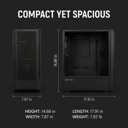 Vista 8 de Zalman FIT Basic ATX Mid-Tower - Funda para computadora de escritorio para juegos 1 ventilador PWM de 4.724 in, panel frontal de malla de alto