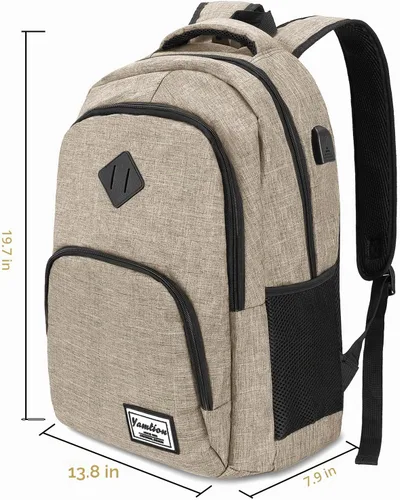 Vista 7 de YAMTION Mochila escolar, mochila para laptop con compartimento de 15.6 pulgadas para hombres y mujeres, color beige
