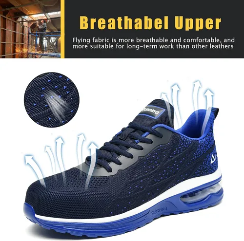 Vista 5 de HiHatide - Zapatos con punta de acero para hombre, zapatos de trabajo, zapatos de seguridad, con amortiguación de aire, ligeros, antideslizantes
