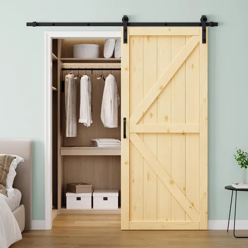 Vista 19 de 30"x84" 1-Lite Double Side Mirror Barn Door Slab with 6FT Track Kit, Handle White / 1-Lite Double Side Mirror