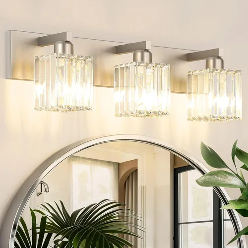 Vista 31 de Aipsun Accesorios de iluminación de tocador de baño, luces de tocador de cristal para baño, 2 luces, accesorios de iluminación de pared de acero