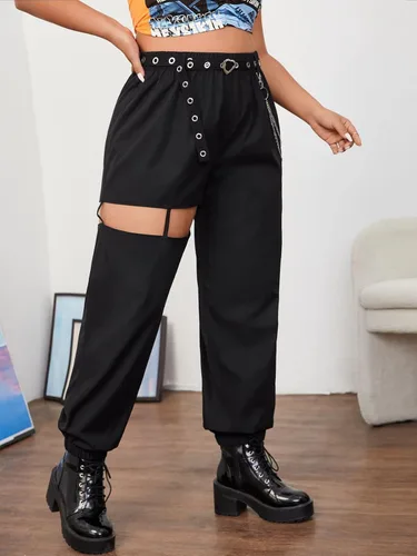 Vista 3 de WDIRARA Pantalones cónicos para mujer, talla grande, detalle de cadena, con ojales, con cinturón