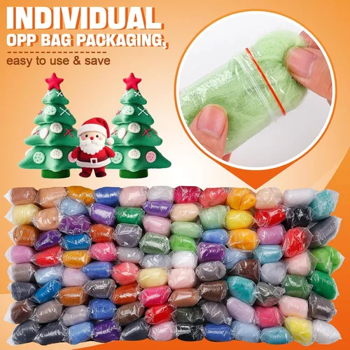 Vista 5 de 96 piezas de lana para fieltro con aguja de 10.4 oz - 48 colores de lana natural para ovillos de fieltro para principiantes, 3 g/paquete