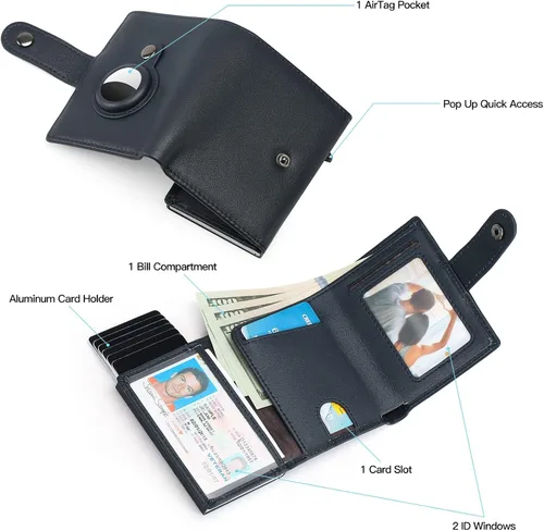 Vista 3 de FALAN MULE Cartera pequeña para mujer, de piel auténtica, plegable, compacta, con bloqueo RFID, pequeña cartera para mujer, ZB-azul profundo