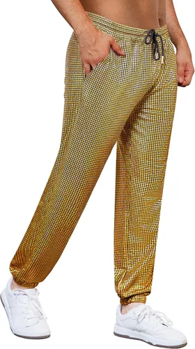 Vista 4 de WULFUL Pantalones deportivos metálicos para hombre, disfraz de discoteca de los años 70, con lentejuelas