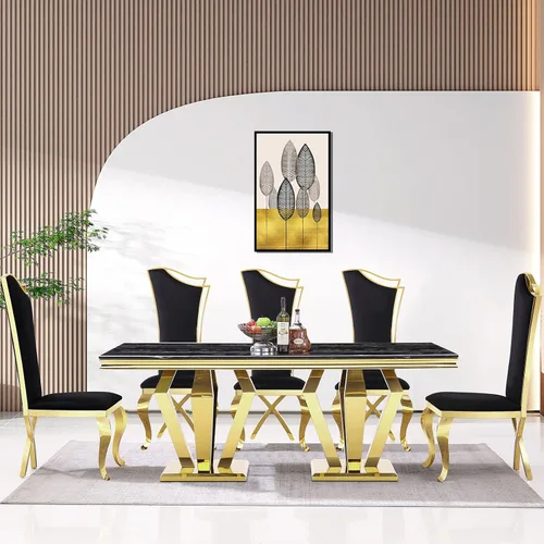 Vista 11 de ACEDÉCOR Juego de mesa de comedor para 4, mesa de comedor rectangular de 78 pulgadas con parte superior texturizada gris y base geométrica plateada