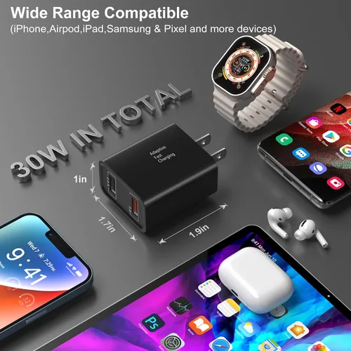 Vista 3 de Cargador de pared 3.0 de carga rápida rápida, Costyle 30 W, enchufe de pared USB de doble puerto, 5 V, 2.4 A, bloque de carga rápida de alta