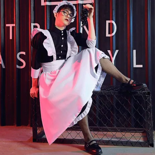 Vista 4 de Nuoqi Disfraz de sirvienta para hombre, cosplay, vestidos de sirvienta para hombre