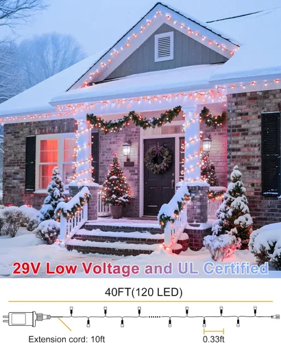 Vista 6 de Tira de luces LED de Navidad de 40 pies para exteriores, luces rojas y blancas de Navidad impermeables, 8 modos y temporizador, luces de árbol