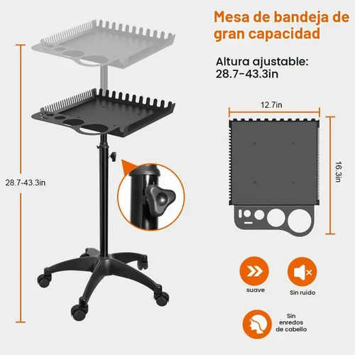 Vista 7 de Bandeja rodante de salón con 2 cuencos magnéticos, carrito de herramientas profesional, bandeja de extensión de cabello para peluqueros, bandeja