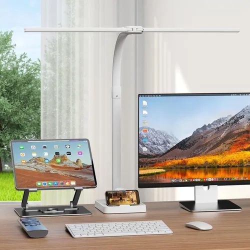 Vista 4 de lámpara LED de escritorio con base - brillante lámpara de computadora regulable con soporte para teléfono, luz de escritorio flexible de 24W