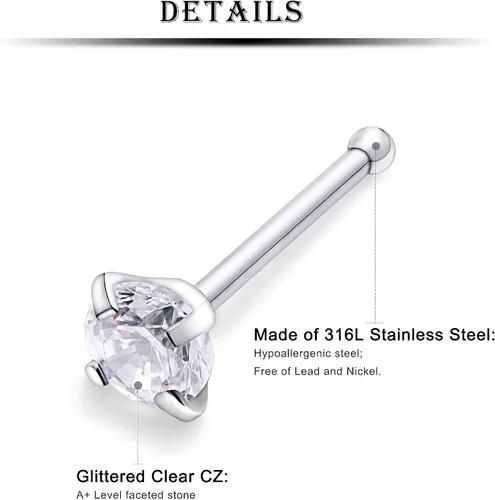 Vista 7 de Kridzisw 12 piercings de nariz de 18 G 20 G 22 G acero quirúrgico con incrustaciones de circonita cúbica de2 mm joyería para mujeres hombres y niñas