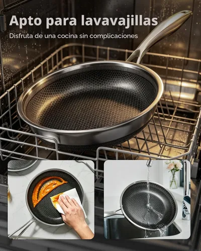 Vista 8 de FogDream Sartén antiadherente de 10 pulgadas con tapa, sartén híbrida de acero inoxidable de panal, compatible con inducción de tres capas, sartén