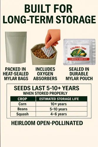 Vista 3 de Calorie Crop Survival Kit de semillas de 1 mes – Cultiva calorías de 30 días – Semillas de maíz, frijoles y calabaza – Polinización abierta