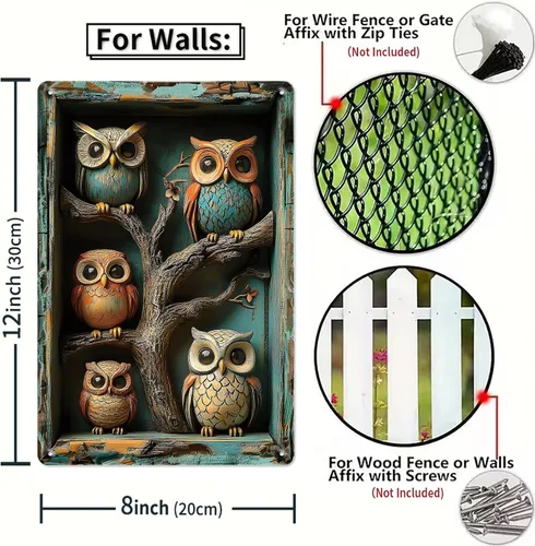 Vista 5 de Letrero de lata de búhos con diseño de efecto visual 3D, póster de metal para decoración de pared para el hogar, patio, cocina, restaurante