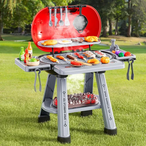 Vista 2 de NIPLOOOW Juego de juguetes de cocina para niños, parrilla de barbacoa para niños, juego de cocina con humo, sonido y luz, barbacoa de 2 capas