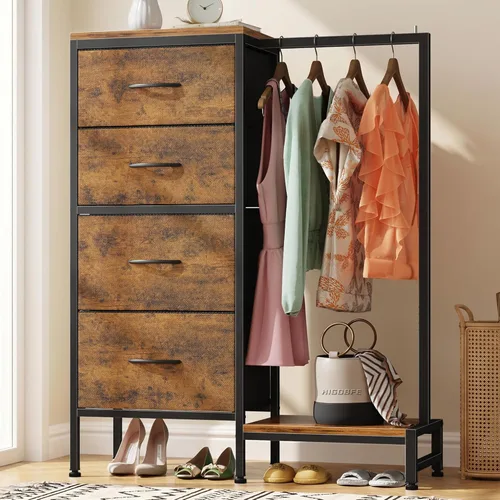 Vista 15 de HIGDBFE Cómoda alta de 44 pulgadas de alto con estante para colgar, cómoda pequeña de 4 cajones para dormitorio, cómoda de tela reversible