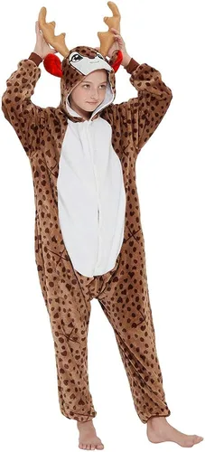 Vista 5 de ANBOTA mameluco de ciervo para niños, disfraz de Halloween, para niños y niñas, fiestas de renos, cosplay, de polar, pijama de una pieza con cierre