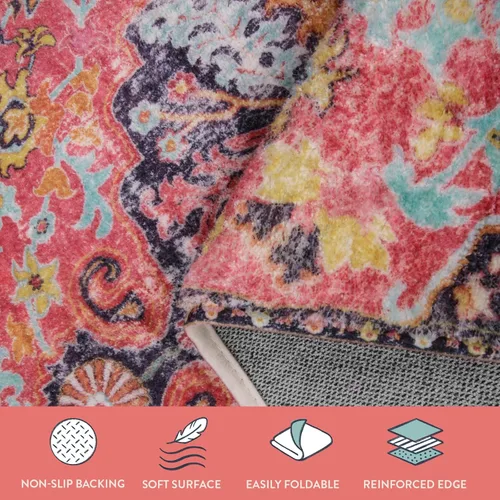 Vista 7 de Lahome Alfombra Floral Bohemio Medaillon - 2x3 Pequeña Alfombra de Baño Rosa Caliente, Alfombra de Cocina, Lavable a Máquina, Antideslizante, Suave