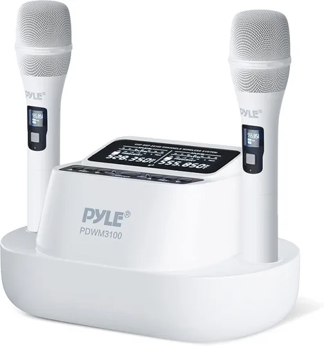 Vista 6 de Pyle Juego de micrófonos de karaoke - Micrófonos inalámbricos con receptor de canal UHF 2x100, sonido de alta fidelidad, antiinterferencias