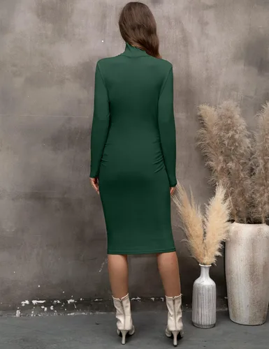 Vista 5 de abkylie Vestido de maternidad de manga larga de cuello alto con fruncido laterallongitud a la rodilla, vestido de embarazo para otoño sesión