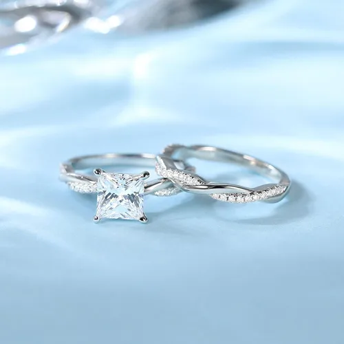 Vista 3 de Mameloly Juego de anillos de boda de 2 quilates para mujer, corte princesa, anillos de compromiso de circonita cúbica, anillos de compromiso
