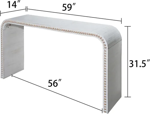 Vista 2 de Mesa consola blanca moderna de 59 pulgadas con cuentas de madera, mesa de entrada de madera rústica con estilo cascada curva, mesa de sofá de granja