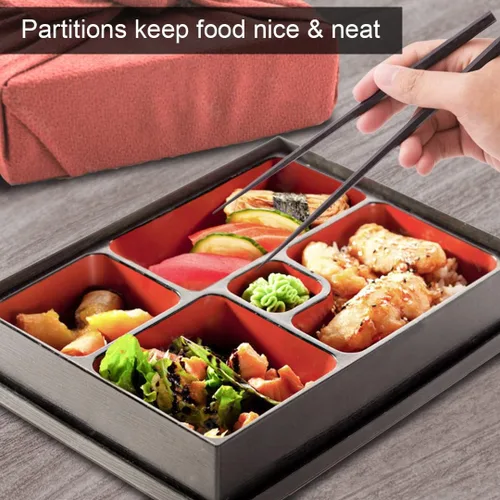 Vista 2 de TIKUSAN Fiambrera tradicional japonesa con tapa, laca, caja Bento hecha en Japón, estilo japonés, Jubako, 5 compartimentos, 10.2 x 10.2 x 2.4
