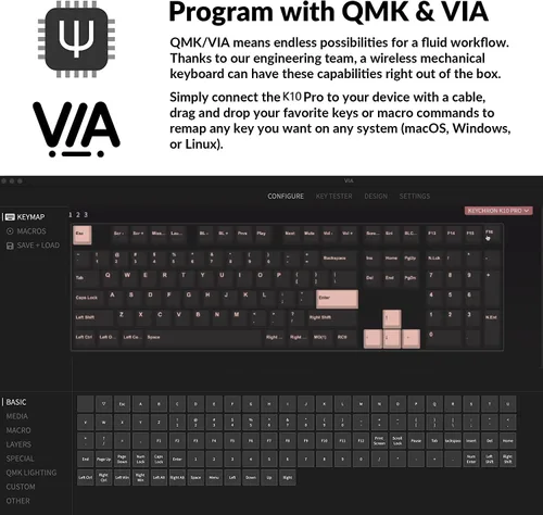 Vista 9 de Keychron K10 Pro QMK/VIA Teclado mecánico inalámbrico personalizado, intercambiable en caliente, tamaño completo, 108 teclas programable