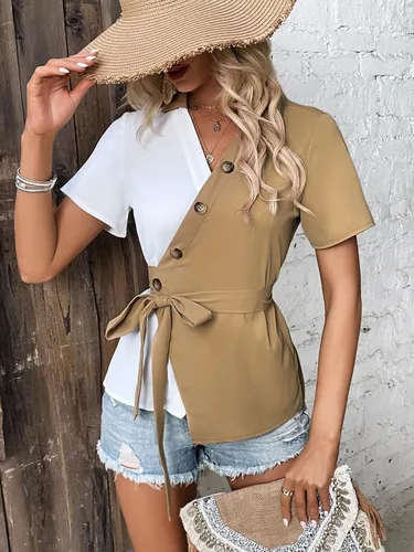 Vista 4 de SHENHE Blusa de manga corta con cuello en V y botones de bloque de color para mujer