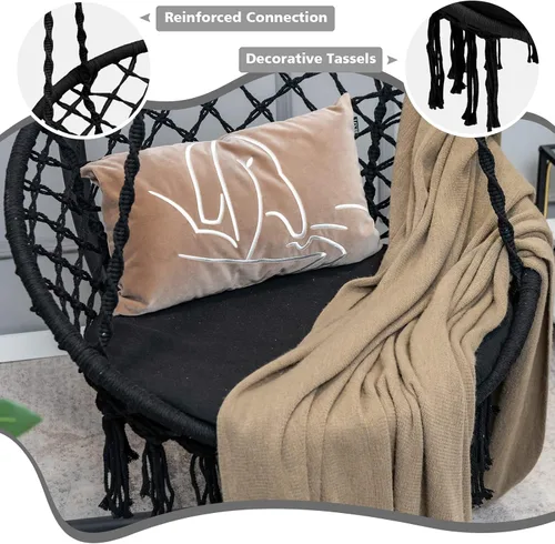 Vista 13 de Giantex - Silla hamaca de macramé con cojín y kit de herramientas, color negro Capacidad de peso de 330 libras, silla colgante