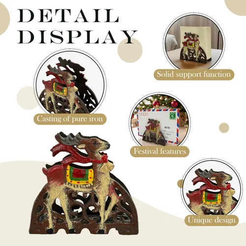 Vista 3 de Portaservilletas navideño de hierro fundido - Dispensador de papel tisú industrial retro para mesa, diseño festivo de ciervos, soporte duradero