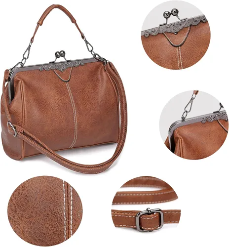Vista 6 de Bolsos vintage para mujer Kiss Lock para mujer, cuero aceitado, bolso de mano