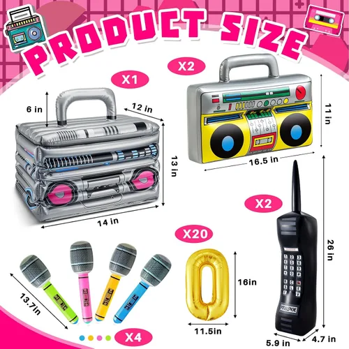 Vista 2 de Cunhill 29 piezas de decoraciones de fiesta de los años 80 y 90 incluyen caja inflable Boom Box, enfriador de bebidas, 20 globos de cadena de papel