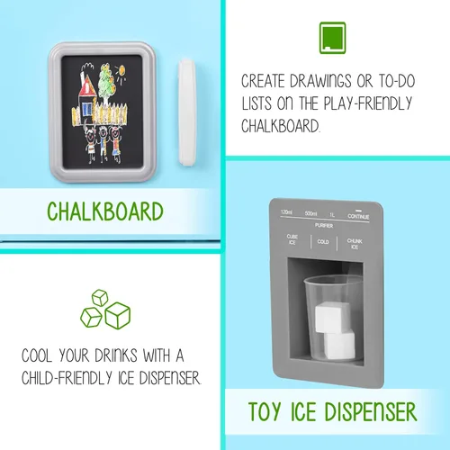 Vista 4 de Juego de cocina infantil Lil' Jumbl, cocina de madera de simulación con pizarra, teléfono de juego, toallero y dispensador de hielo, perillas